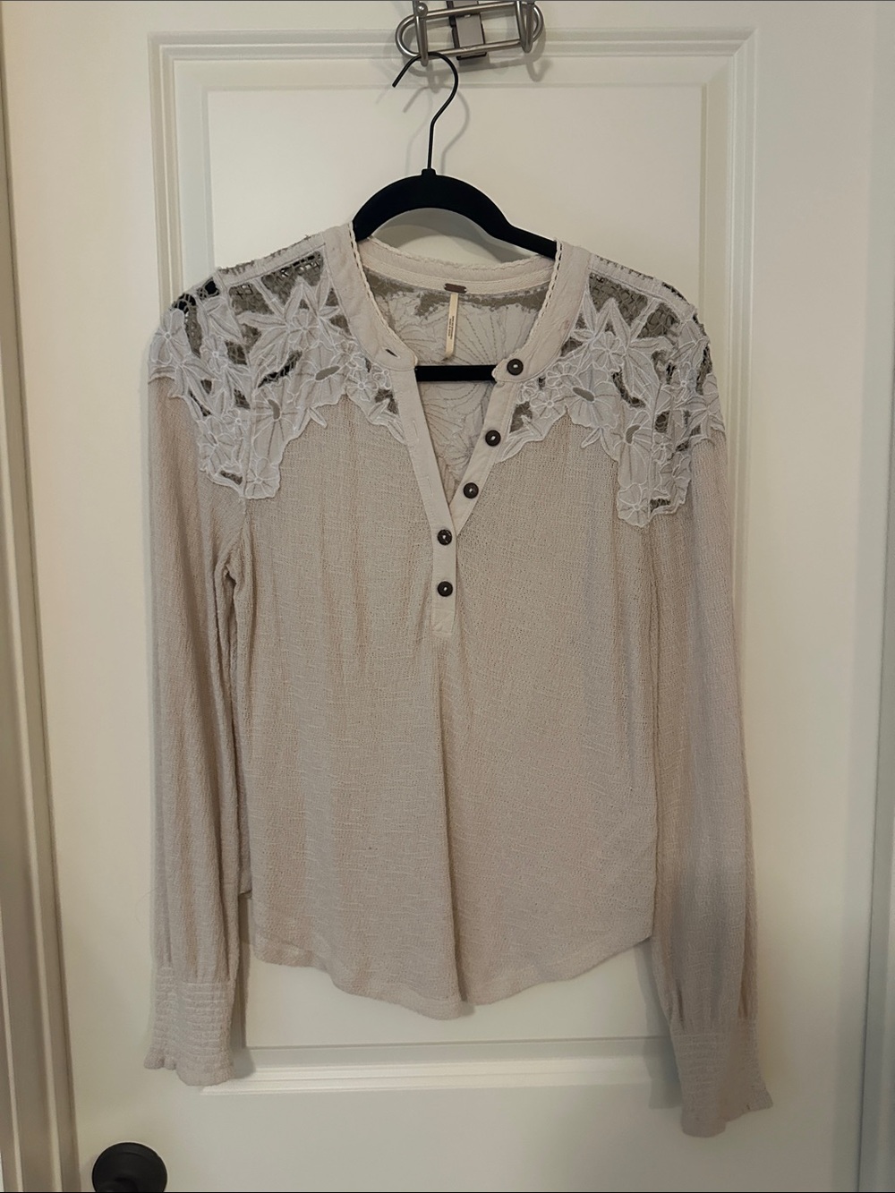 Free People Cream Henley Top with White Lace Yoke